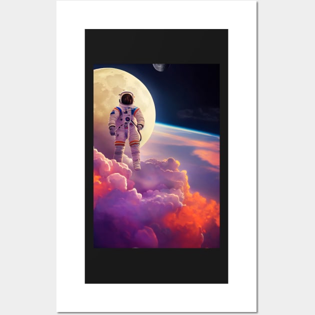 Astronaut flying in front of moon with red-purple clouds in space Wall Art by MoEsam95